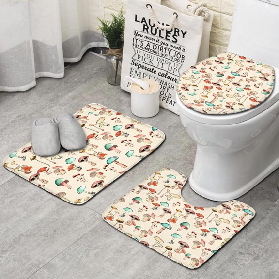 Red Mushroom Light Pattern Bathroom Rugs Sets 3 Piece,Toilet Cover Set,Absorbent Non Slip Bathroom Mats Sets with U-Shaped Contour Rug Toilet Rug Set