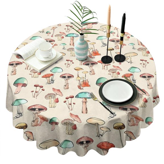 Red Mushroom Light Pattern Round Tablecloth 60"x60",Wrinkle Wipeable Table Cloth for Kitchen Dining Room Picnic Patio Party