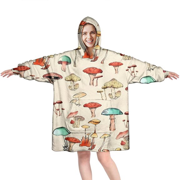 Red Mushroom Light Pattern Wearable Oversized Blanket,Wearable Blanket Hoodie for Adults,Cozy Hooded Blankets with Super Pockets,Super Warm Fuzzy Pullover for Women & Men