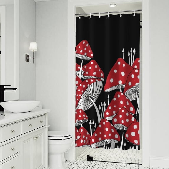 Red Mushroom Line Black Pattern Shower Curtain 36"x72" ,Bathroom Decorative Shower Curtains Set with 12 Hooks,Modern Waterproof Washable Shower Curtain