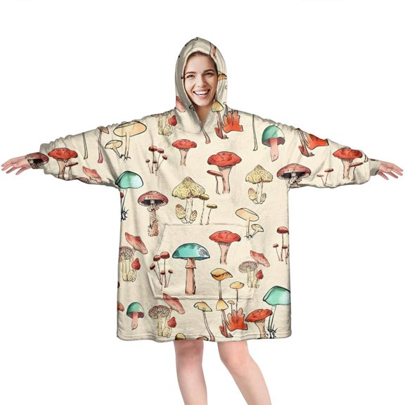 Red Mushroom Line Light Pattern Wearable Oversized Blanket,Wearable Blanket Hoodie for Adults,Cozy Hooded Blankets with Super Pockets,Super Warm Fuzzy Pullover for Women & Men