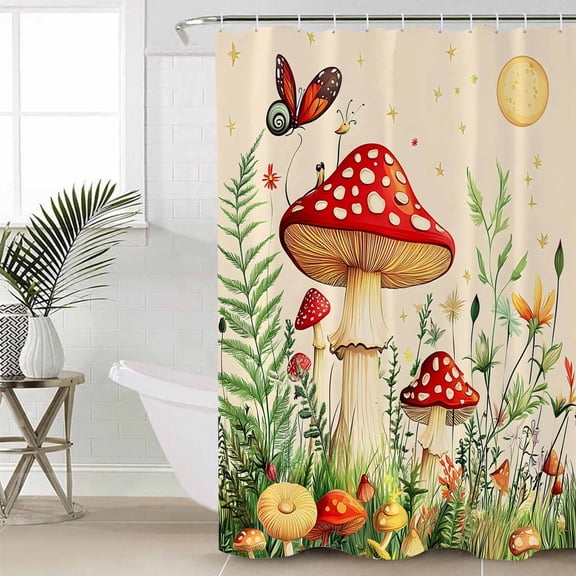 Red Mushroom Long Shower Curtain Set, Waterproof Shower Curtains for Bathroom, Watercolor Spring Summer Floral Washable Fabric Cloth Bath Curtain for Bathtub Decoration with Hooks 72x84 Inches