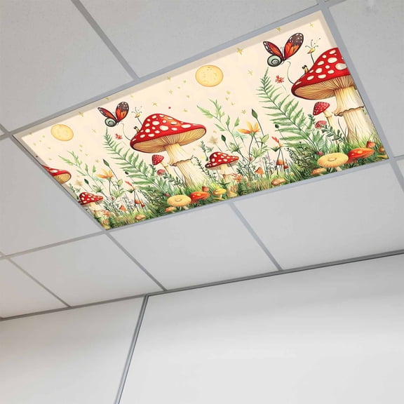 Red Mushroom Magnetic Fluorescent Light Covers for Ceiling Lights 2 x 4 Feet, Watercolor Spring Summer Floral Office Classroom Kitchen Drop Ceiling Light Covers Lighting Filters Shade Panel 1 Pack