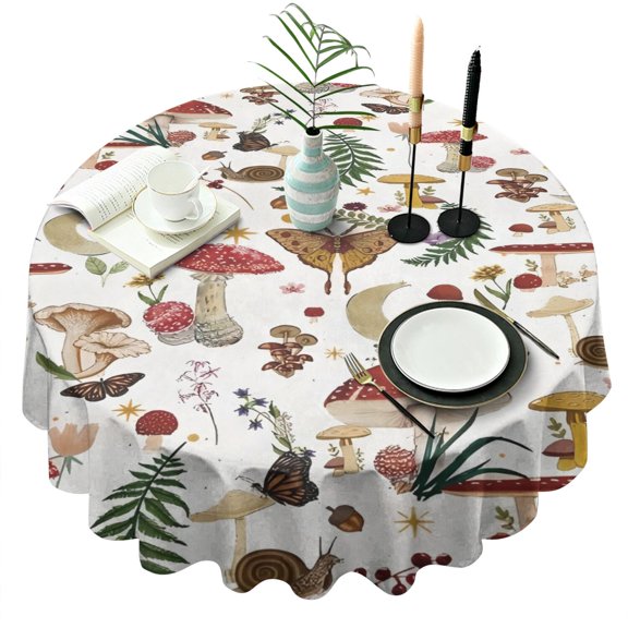 Red Mushroom Nature White Pattern Round Tablecloth 60"x60",Wrinkle Wipeable Table Cloth for Kitchen Dining Room Picnic Patio Party