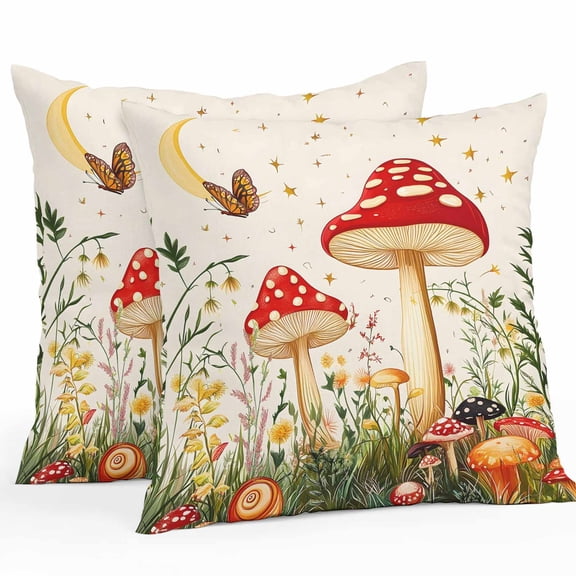 Red Mushroom Outdoor Pillow Covers Pack of 2 Fern Plants Butterfly Beige Pastoral Retro Waterproof Throw Pillow Covers Decorative Cushion Cases for Patio Garden Tent Balcony Couch 18x18 inch