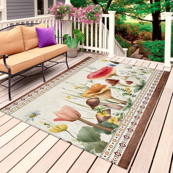 Red Mushroom Outdoor Rug 5x7 Ft, Non Slip Washable Area Rug, Vintage Pastoral Botanical Retro Art Patio Rugs Carpet Runner, Large Floor Mat for Indoor/Outdoor Deck Porch Camping