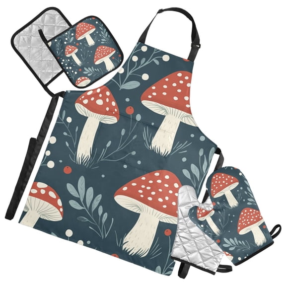 Red Mushroom Oven Mitts and Pot Holders with Chef Apron Set 5 Pcs Kitchen Cooking Set