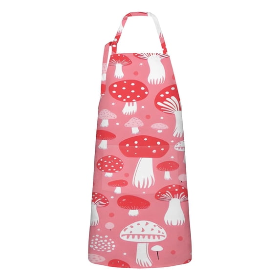 Red Mushroom Pattern Pink Pattern Apron-Garden Aprons for Women with Pockets-Cotton Linen Waterproof Kitchen Cooking Gardening Aprons Adjustable for Kitchen,Cooking,BBQ and Salon 33x27 Inch