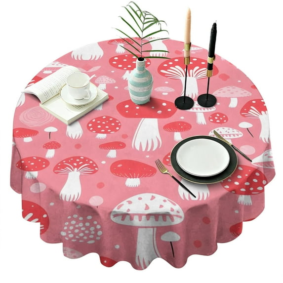 Red Mushroom Pattern Pink Pattern Round Tablecloth 60"x60",Wrinkle Wipeable Table Cloth for Kitchen Dining Room Picnic Patio Party