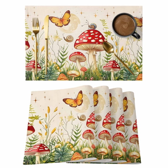 Red Mushroom Placemats Set of 6 Watercolor Spring Summer Botanical Place Mats Indoor Wipeable Table Mats Washable Cloth Dining Table Placemats for Kitchen Holiday Party Home Decor 13x19 Inch