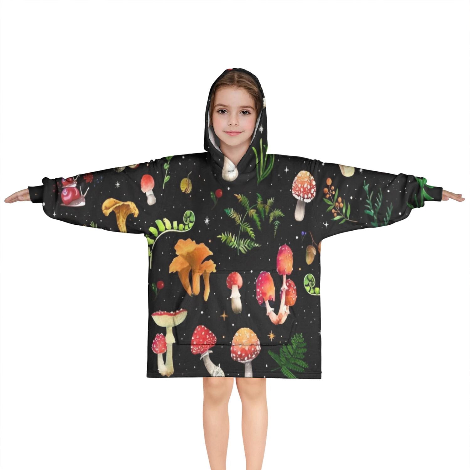 Red Mushroom Plant Black Pattern Blanket Hoodies for Kids 6-13YR Oversize Wearable Blanket Hoodies for Boys Girls Teens