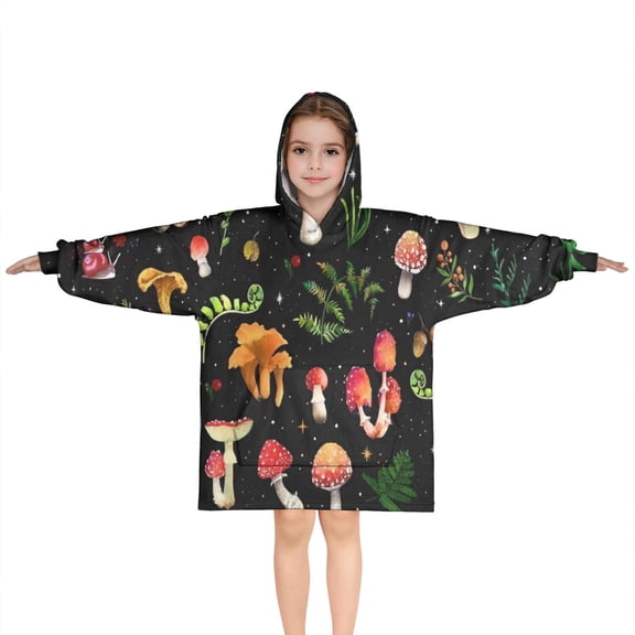 Red Mushroom Plant Black Pattern Blanket Hoodies for Kids 6-13YR Oversize Wearable Blanket Hoodies for Boys Girls Teens