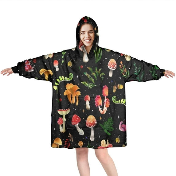Red Mushroom Plant Black Pattern Wearable Oversized Blanket,Wearable Blanket Hoodie for Adults,Cozy Hooded Blankets with Super Pockets,Super Warm Fuzzy Pullover for Women & Men