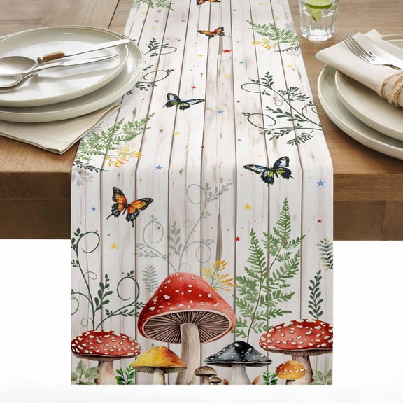 Red Mushroom Plant Cotton Linen Table Runner Butterfly Stars White Wood Dining Table Runners for Home Decor Party Dining Room Restaurant Kitchen 13" x 36"