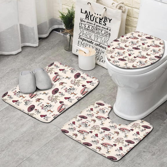 Red Mushroom Plant Light Pattern Bathroom Rugs Sets 3 Piece,Toilet Cover Set,Absorbent Non Slip Bathroom Mats Sets with U-Shaped Contour Rug Toilet Rug Set