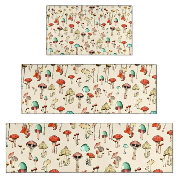 Red Mushroom Plant Light Pattern Kitchen Rugs Sets Of 3,Kitchen Runner Rugs Non Skid Washable,Decorative Kitchen Floor Mats for Kitchen,Sink,Laundry,17"x30"+ 17"x47" + 17"x59"