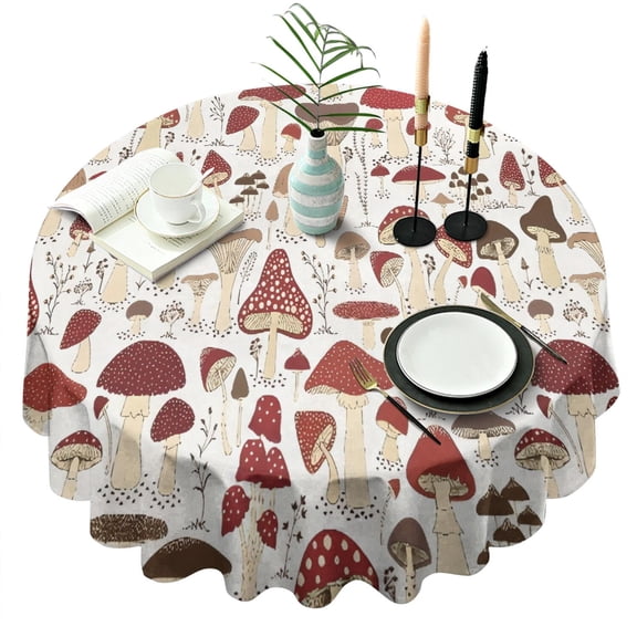 Red Mushroom Plant White Pattern Round Tablecloth 60"x60",Wrinkle Wipeable Table Cloth for Kitchen Dining Room Picnic Patio Party