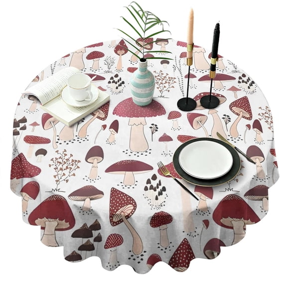 Red Mushroom Plant White Pattern Round Tablecloth 60"x60",Wrinkle Wipeable Table Cloth for Kitchen Dining Room Picnic Patio Party