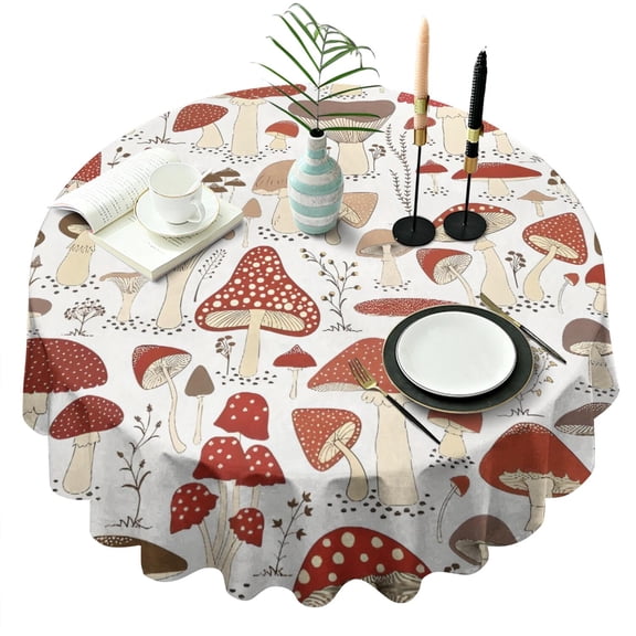 Red Mushroom Plant White Pattern Round Tablecloth 60"x60",Wrinkle Wipeable Table Cloth for Kitchen Dining Room Picnic Patio Party