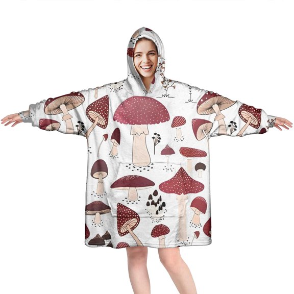 Red Mushroom Plant White Pattern Wearable Oversized Blanket,Wearable Blanket Hoodie for Adults,Cozy Hooded Blankets with Super Pockets,Super Warm Fuzzy Pullover for Women & Men
