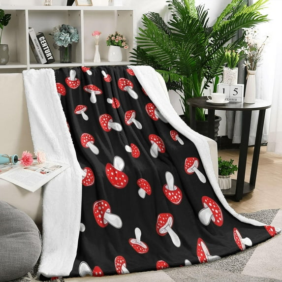Red Mushroom Polka Dot Black Pattern Blanket,Comfortable Soft Flannel Throw Blanket,All Season,Warm Lightweight Blankets for Sofa Bed Couch Living Room Chair,50"x60"