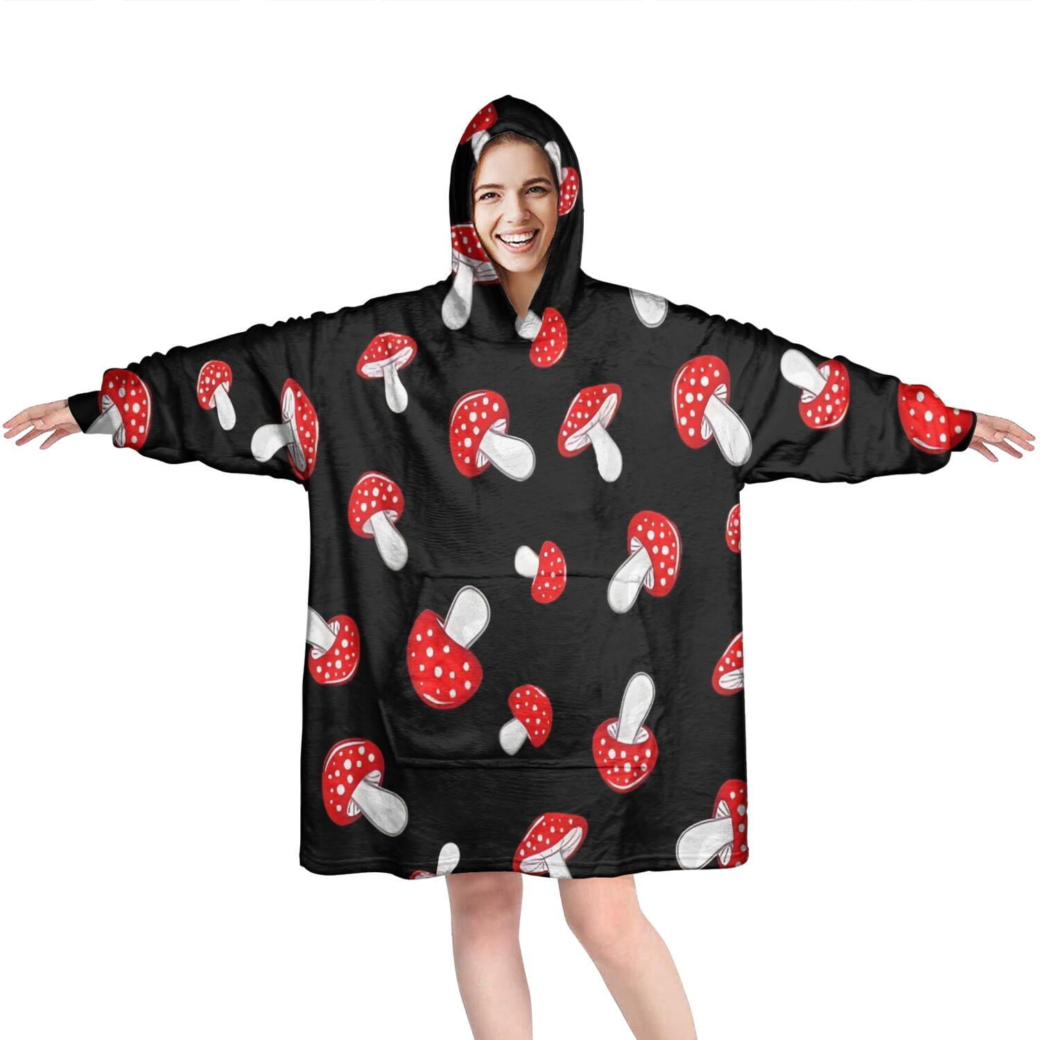 Red Mushroom Polka Dot Black Pattern Wearable Oversized Blanket,Wearable Blanket Hoodie for Adults,Cozy Hooded Blankets with Super Pockets,Super Warm Fuzzy Pullover for Women & Men