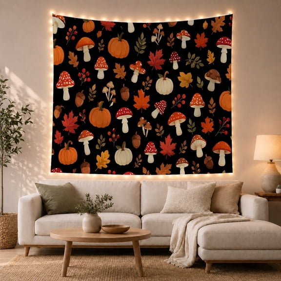 Red Mushroom Pumpkin on Black Background Whimsical Rustic for Cottagecore Fans Autumn Harvest Wall Decor Thanksgiving Gift Tapestry Wall Hanging for Living Room and Bedroom