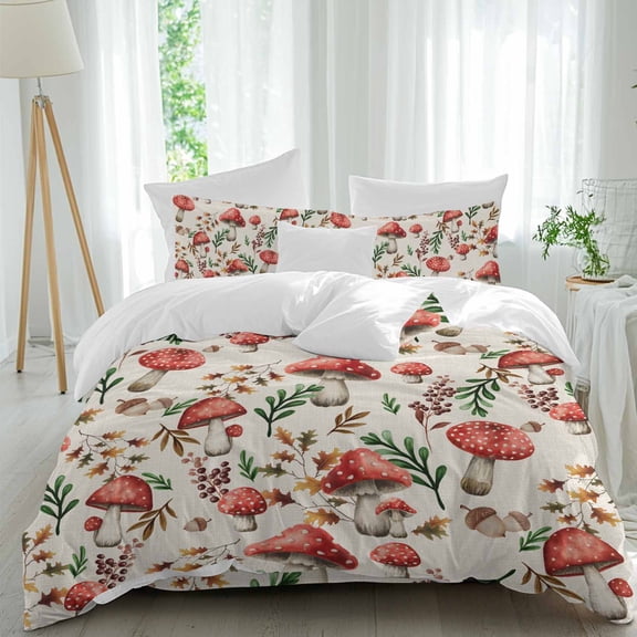 Red Mushroom Queen Size Comforter Set, Vegetables Plants Leaf Pine Cone Rustic Bedding for All Seasons, 4 Pcs Bed Set, 1Quiltcover (90"x92") ,1Sheet(94"x116"), 2Pillowcases (30"x20")