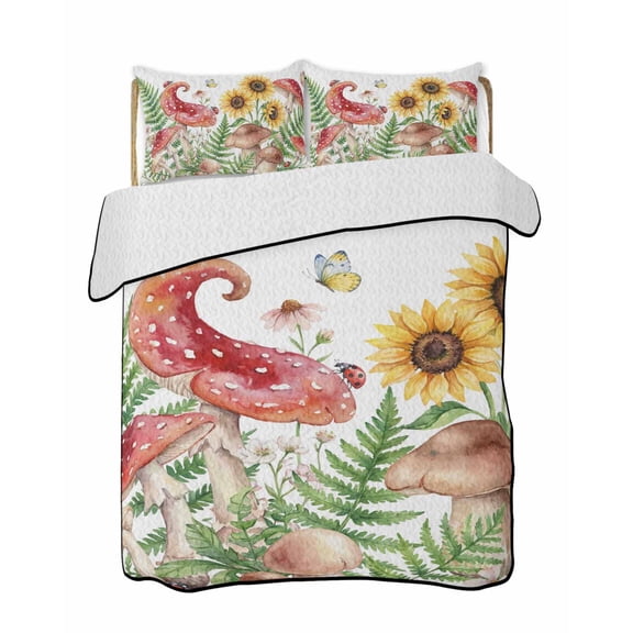 Red Mushroom Quilts Bedding Set King Size Sunflower Green Fern Butterfly Ladybug Botanical Lightweight Quilted Bedspread 3 Piece Bed Quilt with 2 Pillow Shams All Season for Bedroom 90" x 96"