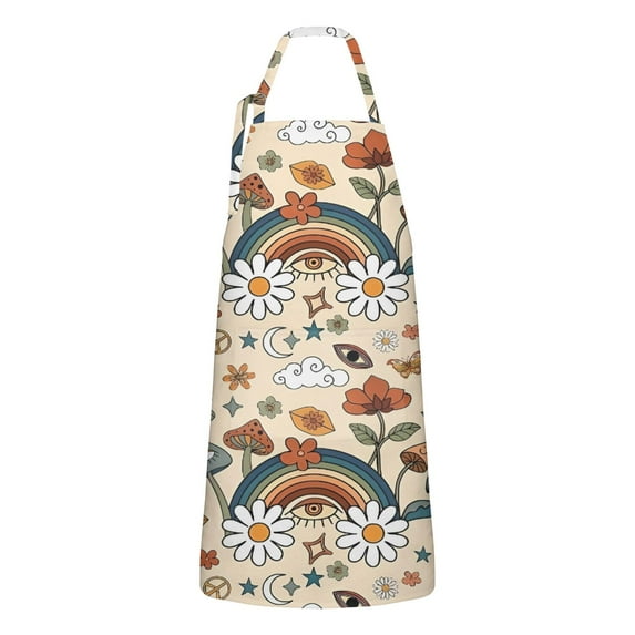 Red Mushroom Rainbow Light Pattern Apron-Garden Aprons for Women with Pockets-Cotton Linen Waterproof Kitchen Cooking Gardening Aprons Adjustable for Kitchen,Cooking,BBQ and Salon 33x27 Inch