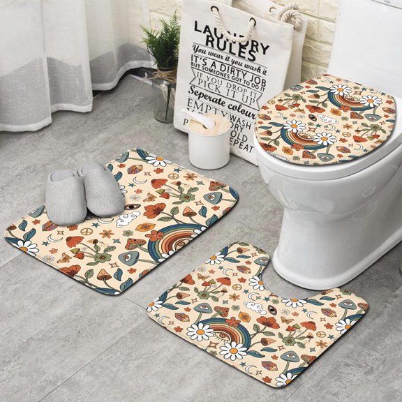 Red Mushroom Rainbow Light Pattern Bathroom Rugs Sets 3 Piece,Toilet Cover Set,Absorbent Non Slip Bathroom Mats Sets with U-Shaped Contour Rug Toilet Rug Set