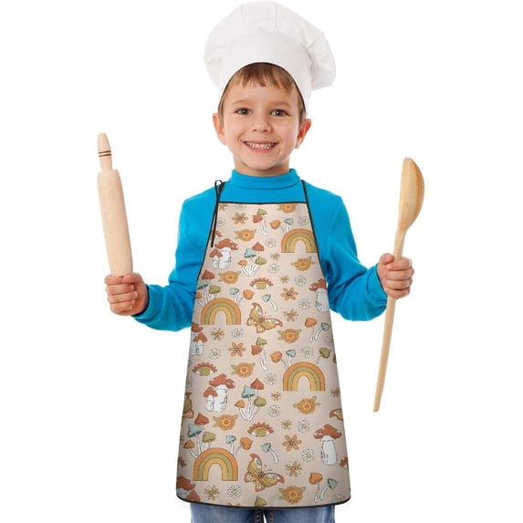 Red Mushroom Rainbow Light Pattern Kids Aprons for Girls and Boys,Adjustable Neck Strap Toddler Aprons for Kids Cooking Baking