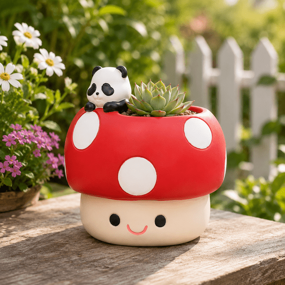 Red Mushroom Resin Planter with Drainage Hole for Succulents, Desk Decor, Panda-design