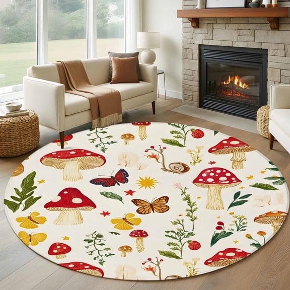 Red Mushroom Round Area Rug 6 FT, Non Slip Bedroom Rugs, Spring Floral Summer Botanical Washable Soft Circular Carpet Non-Shedding Floor Mat for Kitchen Dining Room Home Office Kids Room