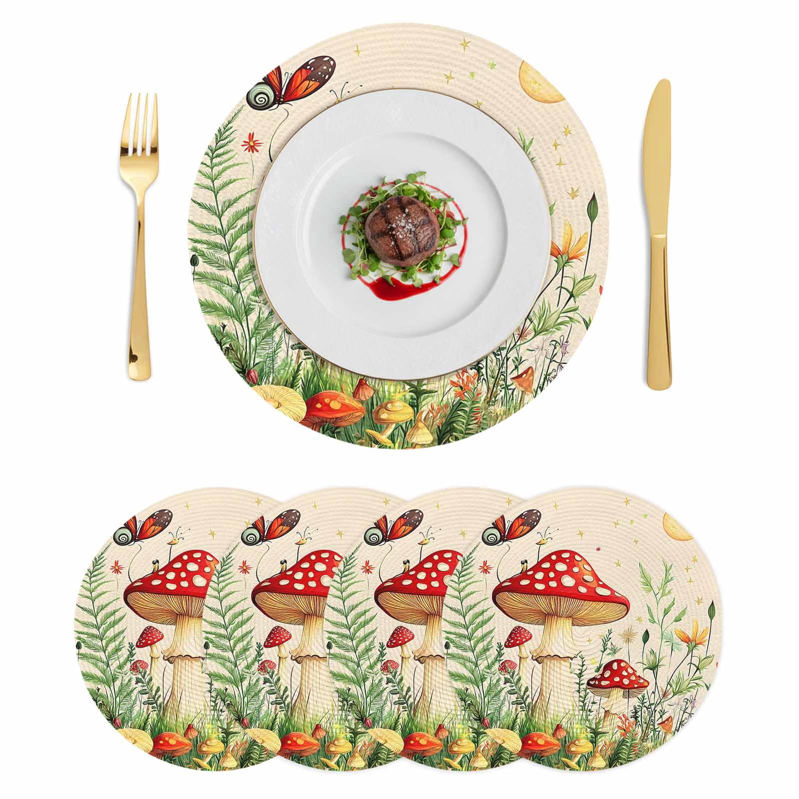 Red Mushroom Round Placemats Set of 4 Watercolor Spring Summer Floral Place Mats Indoor Woven Table Mats Washable Heat-Resistance Braided Dining Table Placemats for Kitchen Party Decor 13 Inch