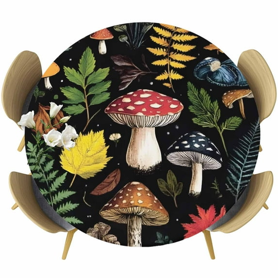 Red Mushroom Round Tablecloth 45-54 Inch Round Fitted Table Cloth with Elastic Edge, Retro Summer Botanical Leaves Black Waterproof Table Cover Protector for Outdoor Picnic Party Dining