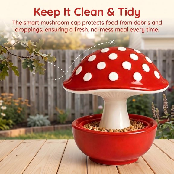 Red Mushroom Shaped Pet Feeder for Small Birds and Rodents – Anti-Mess Spill-Proof Food Bowl with Poop-Blocking Umbrella Canopy, Ideal for Budgies, Cockatiels, Hamsters & Guinea Pigs (Red)
