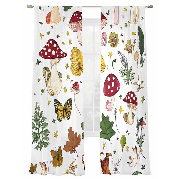 Red Mushroom Sheer Curtains 108 Inch Long 2 Panels, Colorful Plant Flowers Leaf Light Filtering Rod Pocket Semi Sheer Curtains, Sheer Voile Drapes for Living Room Bedroom, 52"x108"