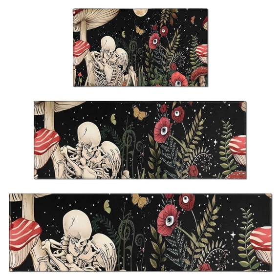 Red Mushroom Skull Black Pattern Kitchen Rugs Sets Of 3,Kitchen Runner Rugs Non Skid Washable,Decorative Kitchen Floor Mats for Kitchen,Sink,Laundry,17"x30"+ 17"x47" + 17"x59"