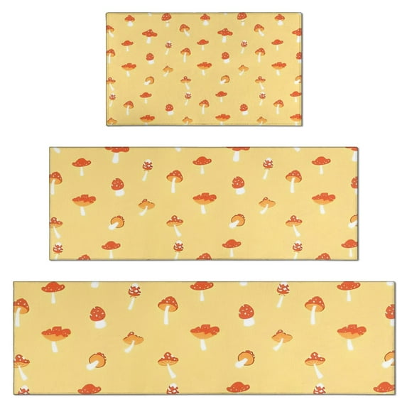 Red Mushroom Small Yellow Pattern Kitchen Rugs Sets Of 3,Kitchen Runner Rugs Non Skid Washable,Decorative Kitchen Floor Mats for Kitchen,Sink,Laundry,17"x30"+ 17"x47" + 17"x59"