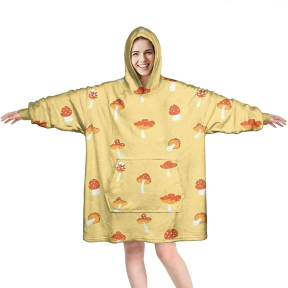 Red Mushroom Small Yellow Pattern Wearable Oversized Blanket,Wearable Blanket Hoodie for Adults,Cozy Hooded Blankets with Super Pockets,Super Warm Fuzzy Pullover for Women & Men