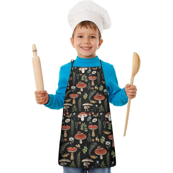 Red Mushroom Snail Black Pattern Kids Aprons for Girls and Boys,Adjustable Neck Strap Toddler Aprons for Kids Cooking Baking
