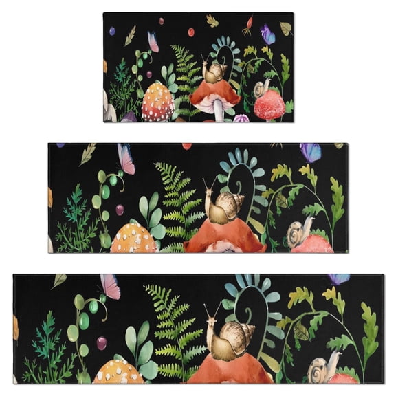 Red Mushroom Snail Black Pattern Kitchen Rugs Sets Of 3,Kitchen Runner Rugs Non Skid Washable,Decorative Kitchen Floor Mats for Kitchen,Sink,Laundry,17"x30"+ 17"x47" + 17"x59"