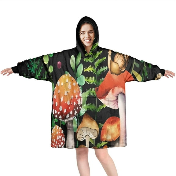 Red Mushroom Snail Black Pattern Wearable Oversized Blanket,Wearable Blanket Hoodie for Adults,Cozy Hooded Blankets with Super Pockets,Super Warm Fuzzy Pullover for Women & Men
