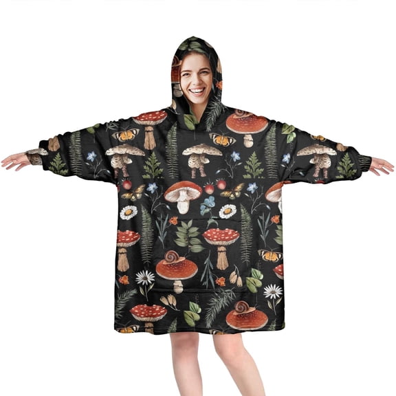 Red Mushroom Snail Black Pattern Wearable Oversized Blanket,Wearable Blanket Hoodie for Adults,Cozy Hooded Blankets with Super Pockets,Super Warm Fuzzy Pullover for Women & Men