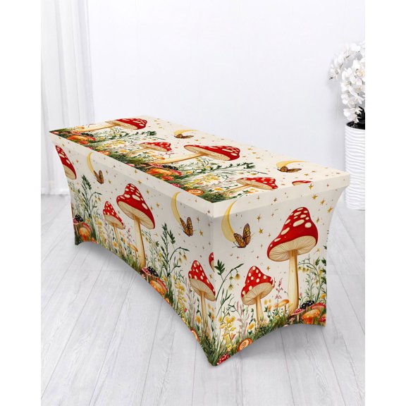 Red Mushroom Spandex Tablecloth 4ft Fern Plants Butterfly Beige Pastoral Retro Elastic Fitted Cloth for Rectangle Table Washable Wrinkle Proof Stretch Table Cover for Wedding Party Birthday Banquet