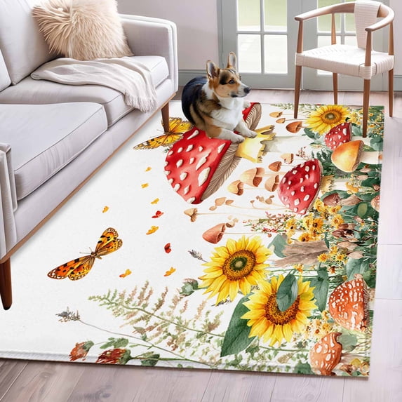 Red Mushroom Sunflower Area Rugs 3x5 ft Farm Large Mushroom Yellow Flower Butterfly Leaf Washable Rug Non Slip Indoor Carpet Absorbent Floor Mat for Living Room Bedroom Dining Room