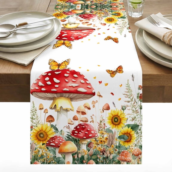Red Mushroom Sunflower Cotton Linen Table Runner Farm Large Mushroom Yellow Flower Butterfly Leaf Dining Table Runners for Home Decor Party Dining Room Restaurant Kitchen 13" x 72"