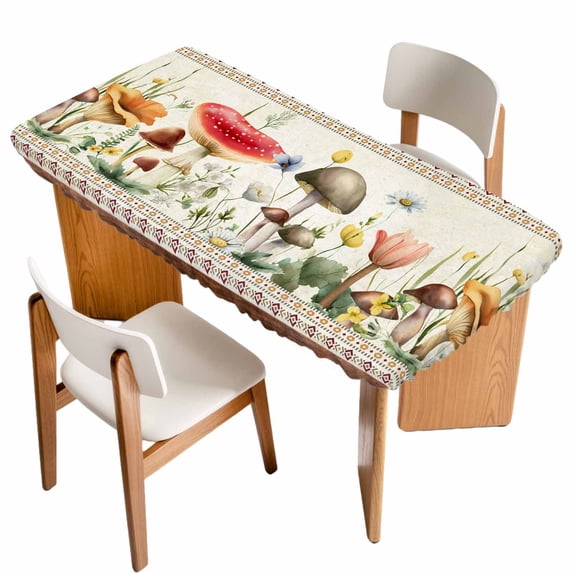 Red Mushroom Table Cloths for 4 Foot Rectangle Tables, Vintage Pastoral Botanical Retro Art Patio Waterproof Elastic Fitted Tablecloths, Washable Rectangular Table Cover for Camping