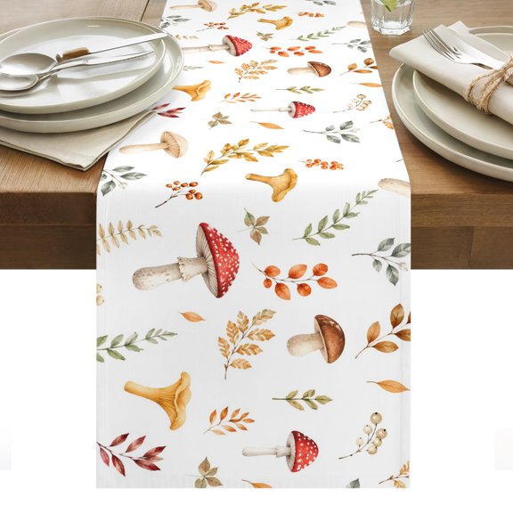 Red Mushroom Table Runner, Fall Botanical Green Brown Leaf Mushroom Berry Rustic Washable Kitchen Table Runners Dress Scarves for Dining Table Decorations Party/Restaurant/Indoor Outdoor Use, 13x36in